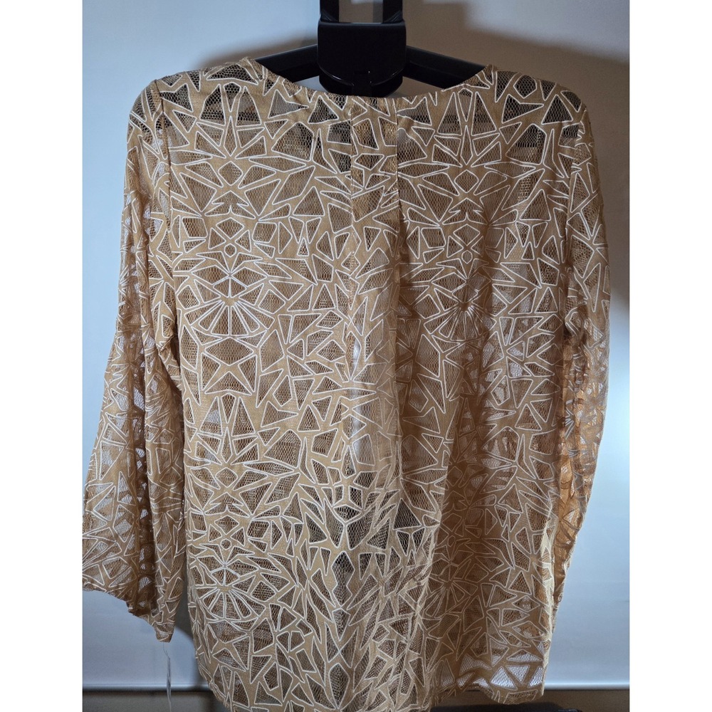New Directions NWT Tan White Geometric Open weave long sleeve crew neck top XL - Picture 2 of 7